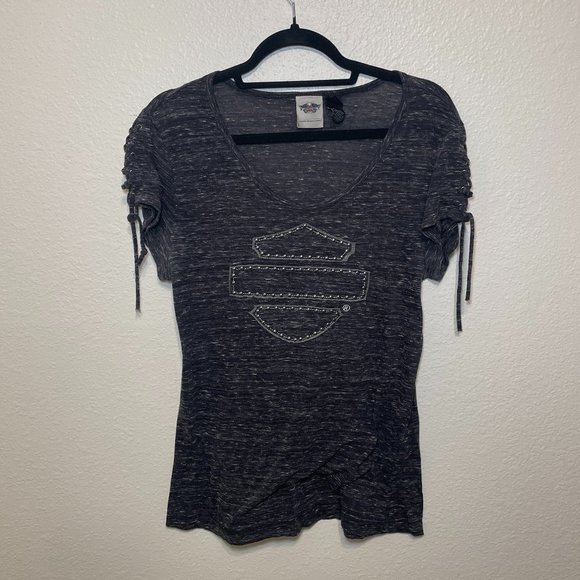 Harley Davidson Heather Grey Blouse with Tie Sleeves and Button Logo Details - Picture 1 of 10